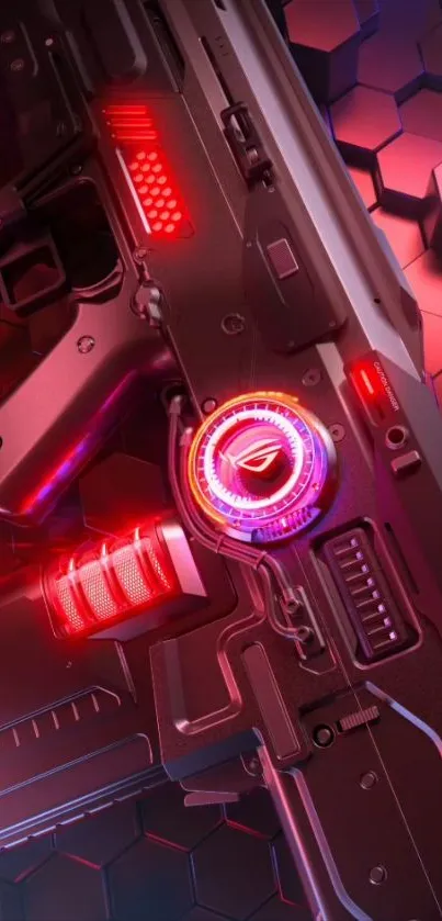 Futuristic neon tech gun with red glow.