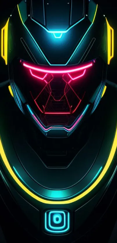 Futuristic neon tech helmet with glowing accents.