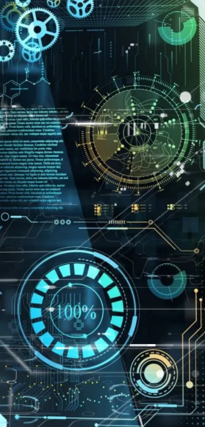 Futuristic tech mobile wallpaper with hologram design in teal and gold.