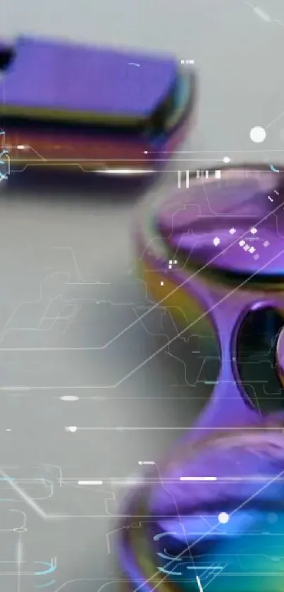 Futuristic holographic gadget with purple and metallic colors.