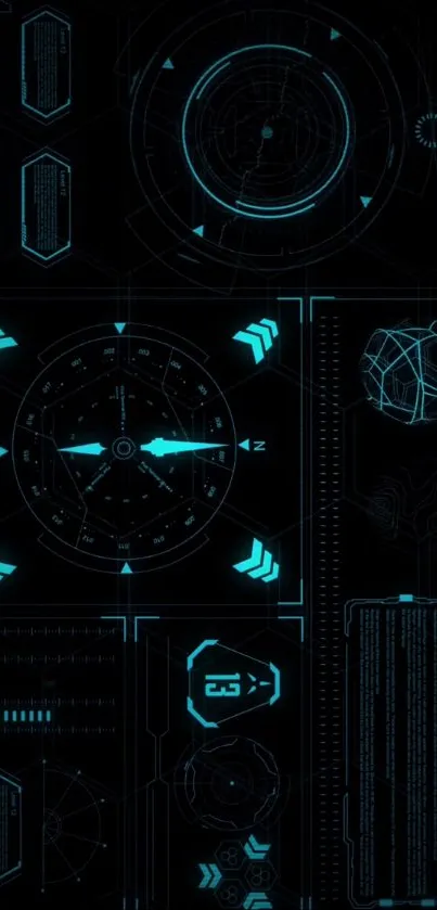 Futuristic neon blue HUD wallpaper with tech elements.