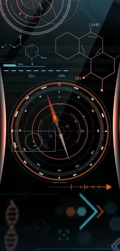 Futuristic tech HUD with abstract design and scientific elements.