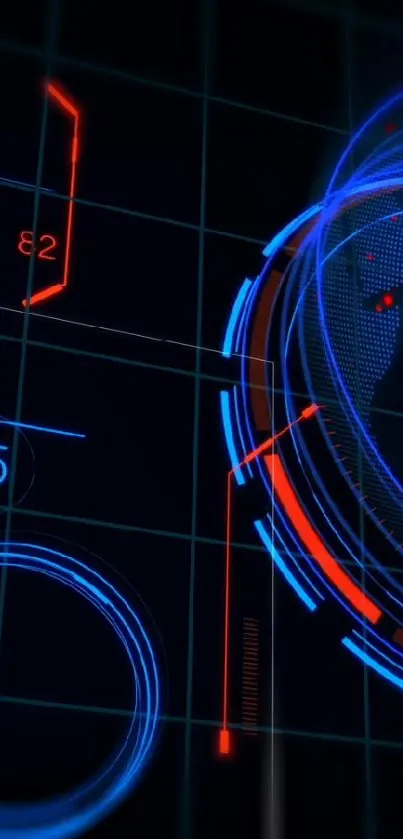 Futuristic HUD wallpaper with blue and red digital elements on a dark background.