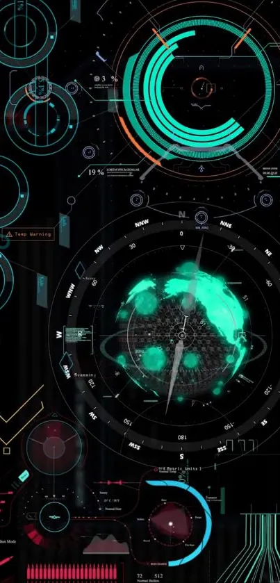 Futuristic tech HUD wallpaper with neon green elements.