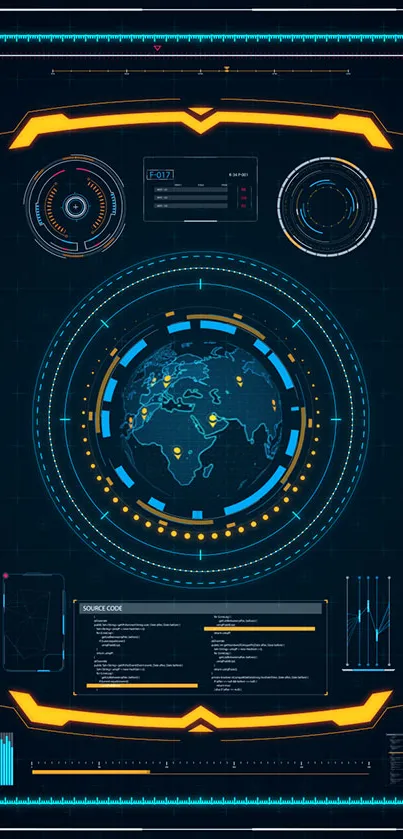 Futuristic tech HUD wallpaper with vibrant neon colors and digital design.