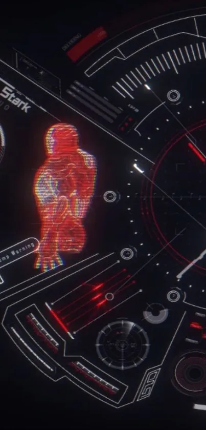 Futuristic digital interface with Iron Man hologram in black and red hues.