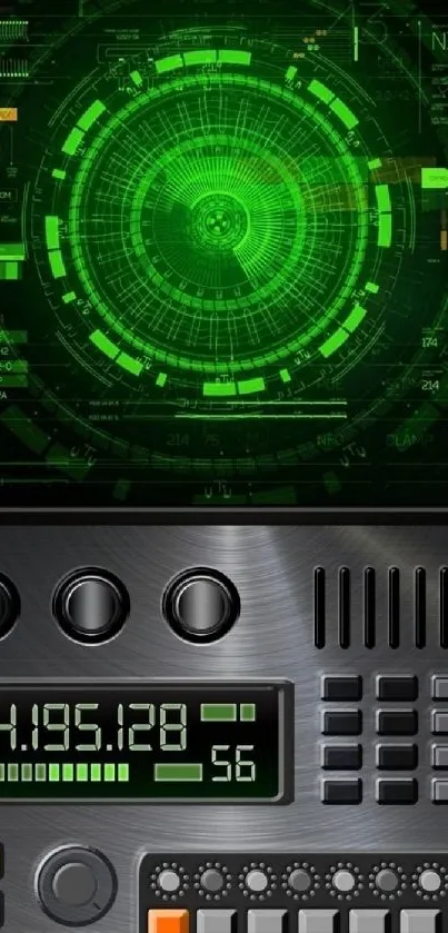 Futuristic tech interface wallpaper with a green digital display and controls.