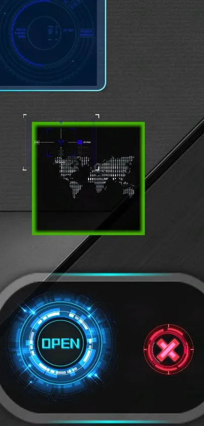 Futuristic tech wallpaper with digital map and vibrant control panels.
