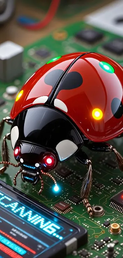 Robotic ladybug on a circuit board, glowing lights.