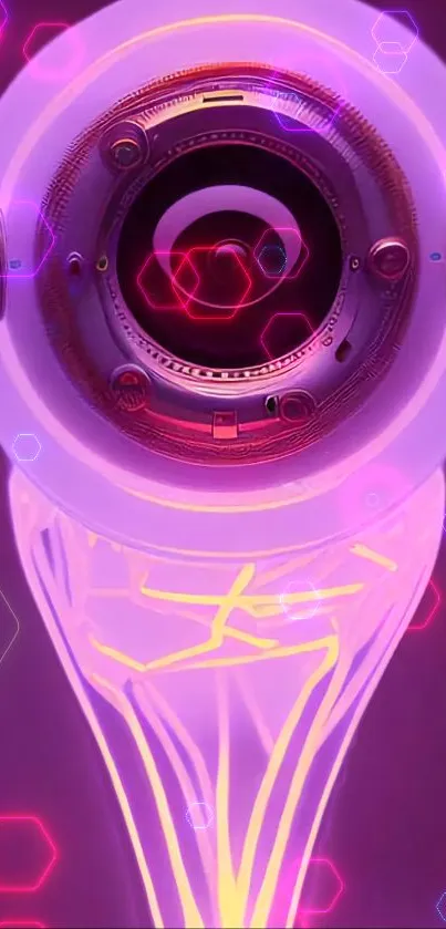 Futuristic neon lens design with pink and purple hues.