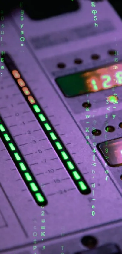 Futuristic audio mixer with glowing lights and digital displays.