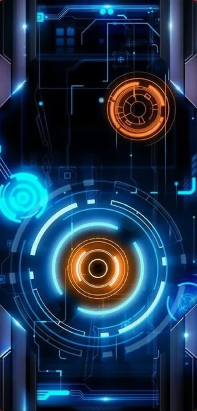 Futuristic tech mobile wallpaper with neon blue and orange circles.