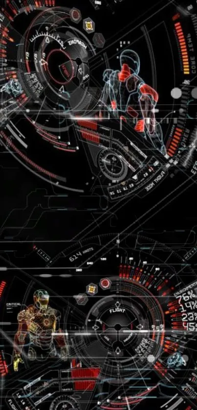 Futuristic tech wallpaper with digital interfaces and robotic elements in black and red.