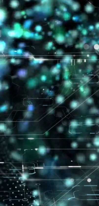 Futuristic digital wallpaper with blue and green glowing tech design.