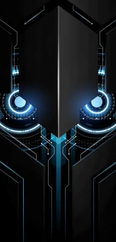 Futuristic tech design wallpaper with glowing blue elements and circuit-like features.