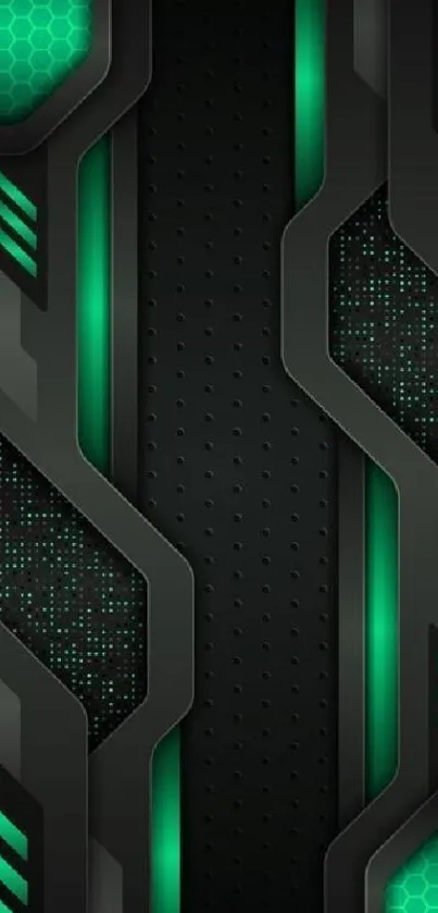 Futuristic green and black geometric phone wallpaper.