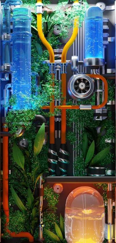 Futuristic tech wallpaper with plants and glowing tubes.