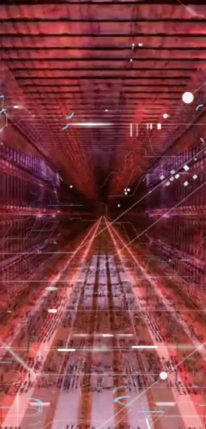 Futuristic red tunnel with digital effects and abstract lines in a mobile wallpaper.