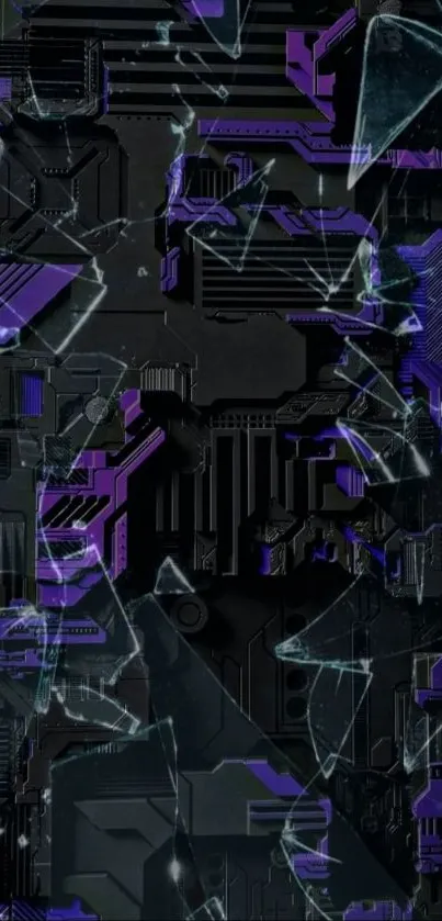 Futuristic mobile wallpaper with shattered glass and purple accents.