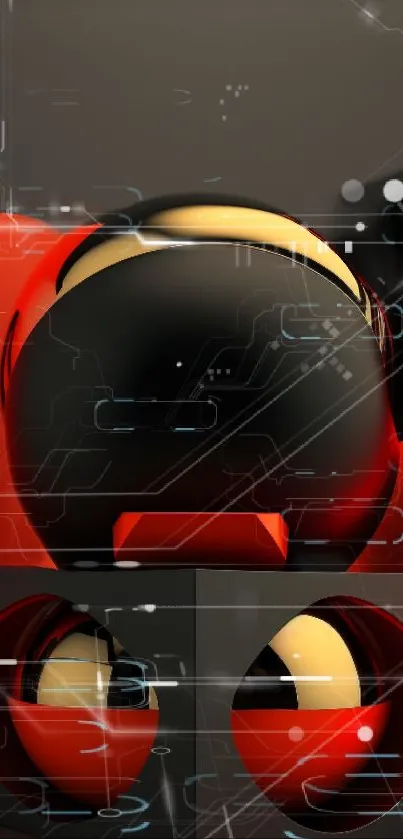 Futuristic wallpaper with red, black, and yellow spheres in a tech design.