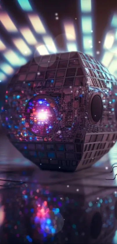 Futuristic tech sphere with neon glow and reflections on a digital surface.