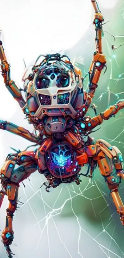 Futuristic robotic spider on a vibrant web.