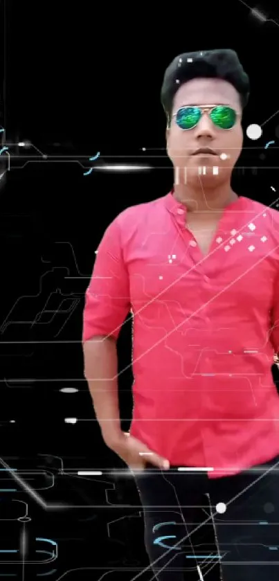 Futuristic tech style wallpaper with red shirt and sunglasses.