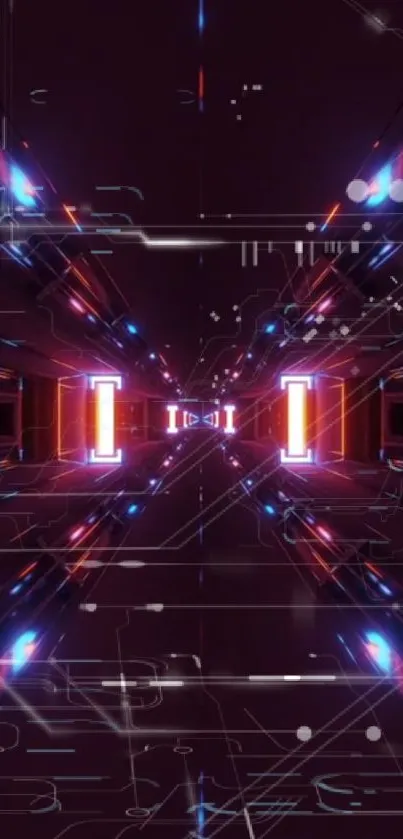 Futuristic neon-lit tech tunnel wallpaper with dynamic digital patterns.