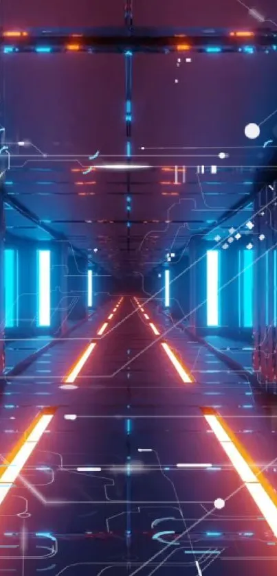 Futuristic tech tunnel with neon lights and digital effects.