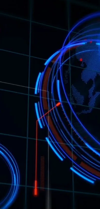 Futuristic digital wallpaper with neon world map and tech highlights.