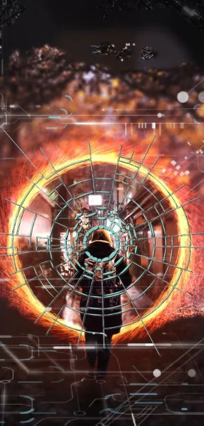 Futuristic vortex with fiery digital accents on wallpaper.