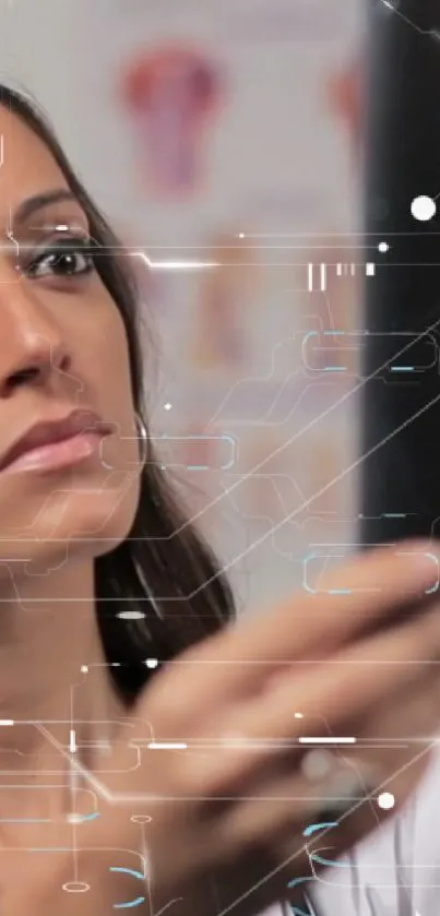 Woman interacting with futuristic digital interface.