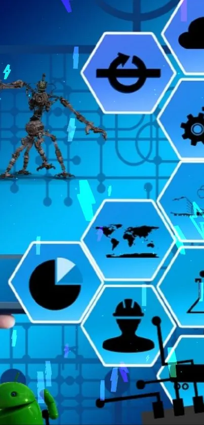 Futuristic blue wallpaper with tech icons and a robot design.