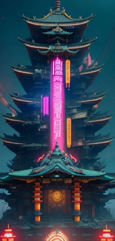 A futuristic temple with neon lights glowing in a vibrant, cyberpunk style night scene.