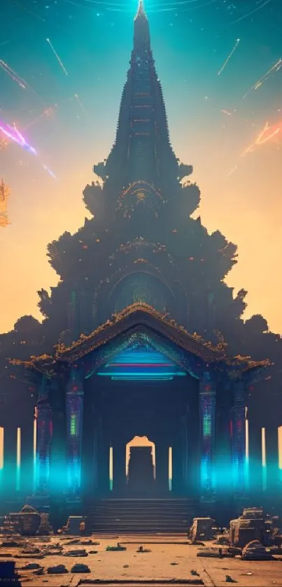 Futuristic temple under cosmic sky with neon glow.