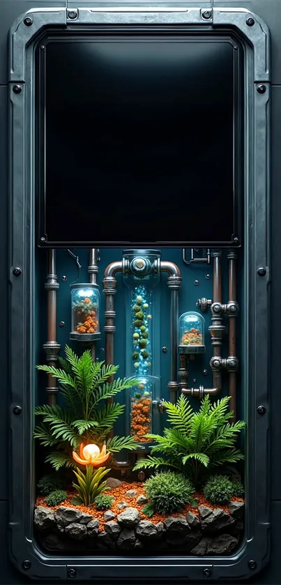 Futuristic terrarium art wallpaper with plants and glass tubes.