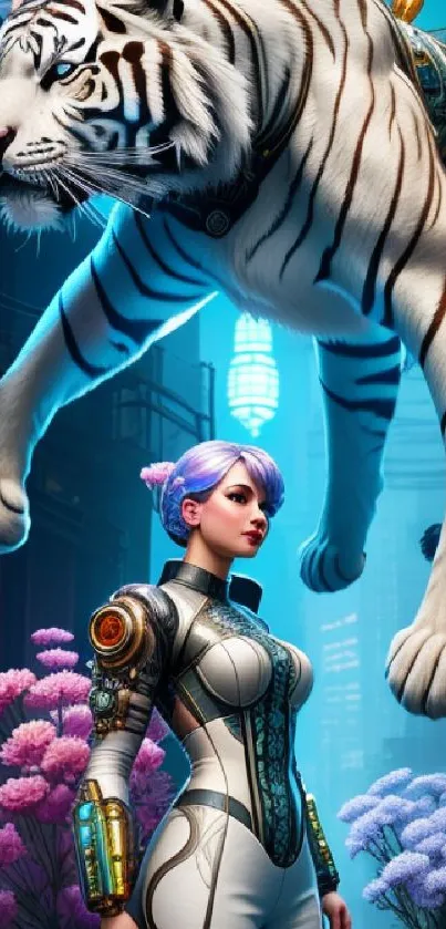 Cyberpunk warrior stands with surreal white tiger in neon-lit world.