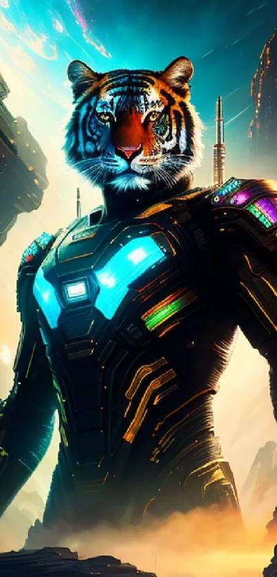 Futuristic tiger android in cosmic landscape wallpaper.