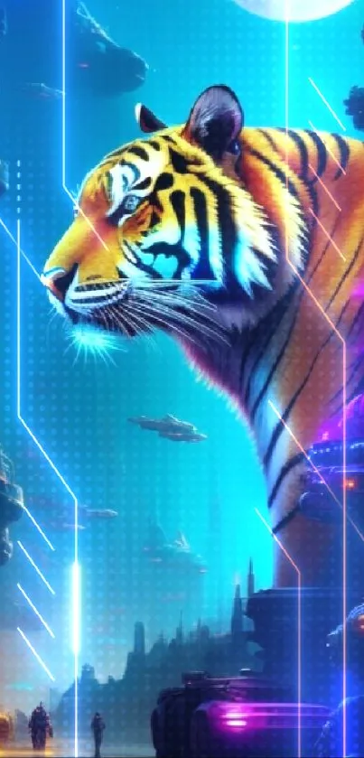 Cyberpunk cityscape with a neon tiger under a full moon.