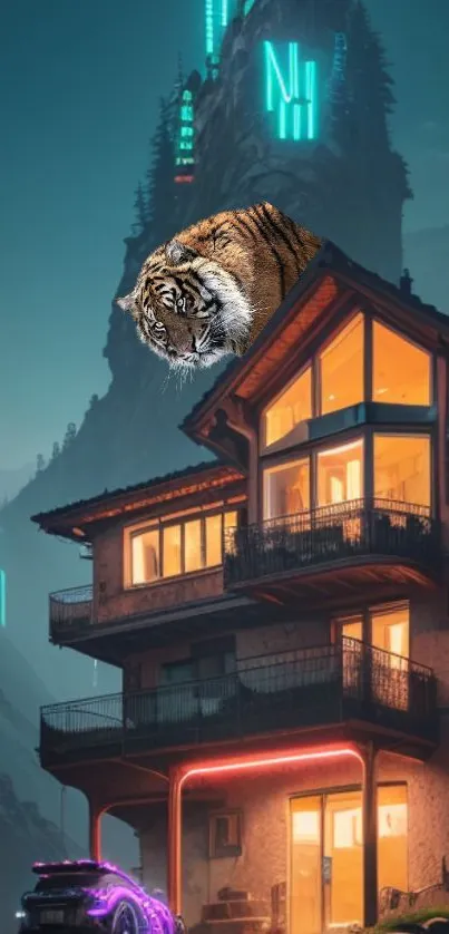 Futuristic neon house with tiger on roof, surrounded by mountains.