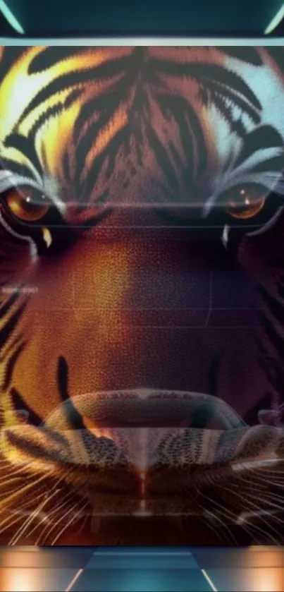 Futuristic tiger wallpaper with a striking gaze and vibrant colors.