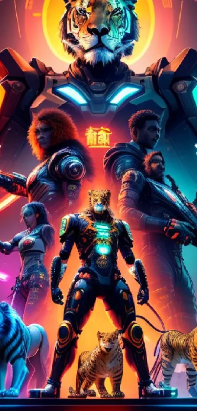 Futuristic neon wallpaper with robotic tigers and warriors in a sci-fi setting.