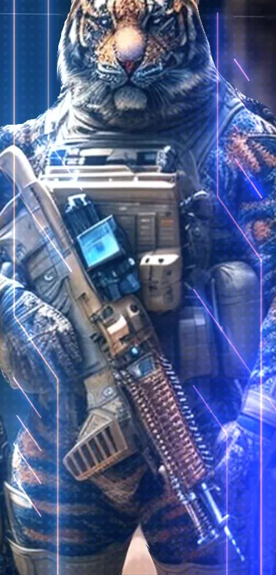 Futuristic tiger soldier with neon lines in a high-tech setting.