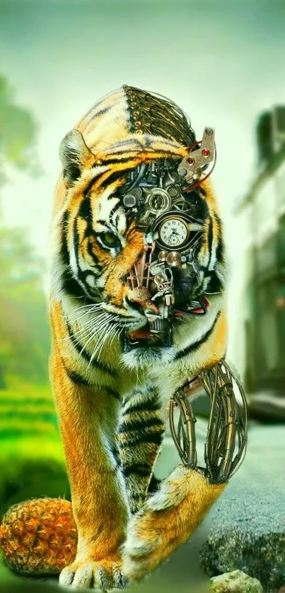 Biomechanical tiger on a city street wallpaper.