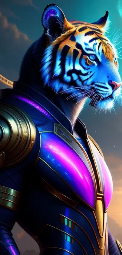 Futuristic tiger warrior on alien planet with vibrant colors.