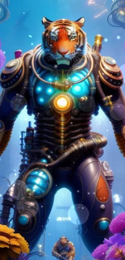 Futuristic tiger warrior in vibrant colors against a sci-fi backdrop.