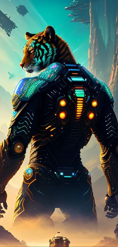 Futuristic tiger warrior in neon cyber landscape.