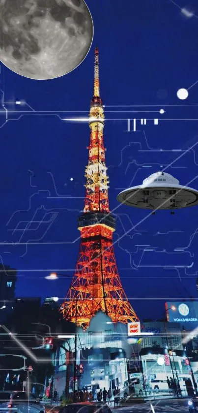 Futuristic Tokyo Tower with digital effects and a UFO