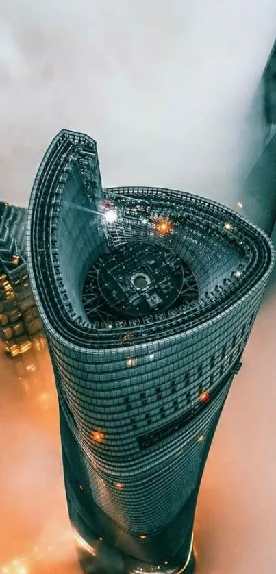 Futuristic skyscraper rises through misty clouds.