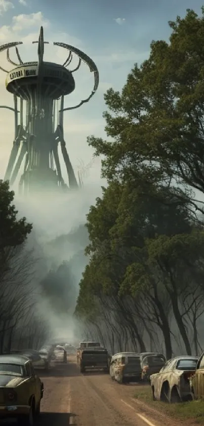 Futuristic tower amid misty forest with vintage cars.